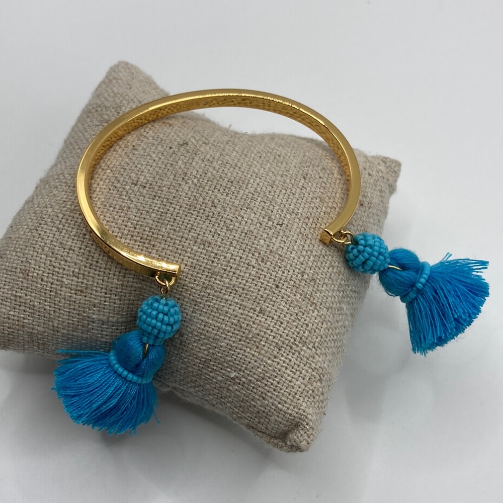 J.Crew Gold‎ & Blue bead dangle Tassel Cuff Bracelet